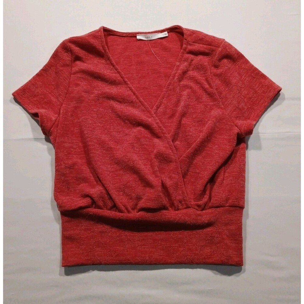 LUSH Burnt Red Modal Blend Short Sleeve Faux Wrap Crop Top Size L NWOT